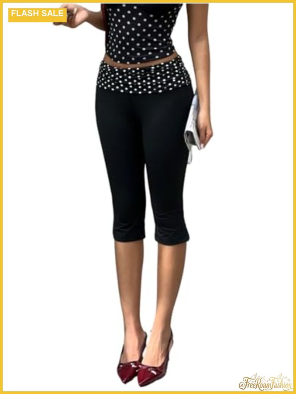 Verdusa Polka Dots Fold Over Capri Pants Skinny Ruched Low Rise Leggings